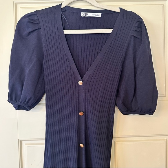 Zara SS20 Ribbed Knit Midi Dress Gold Buttons Navy Blue - Picture 8 of 11